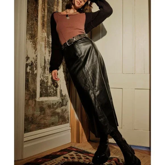 🎉LAST CHANCE🎉 FREE PEOPLE City Slicker Vegan Maxi Skirt / Black - Picture 6 of 7